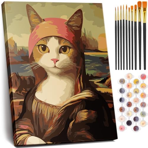 NiArt Paint by Numbers for Adults Beginners, DIY Paint by Numbers on Canvas for Kids, Oil Painting Kits for Gift Home Wall Decor, 10 Brushes and Acrylic Paint, 12x16 Inch, (Mona Lisa Cat, with Frame) by NiArt