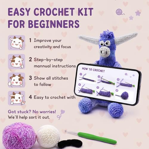 Beginner Crochet Kit for Adults, Highland Cow Crochet Amigurumi Craft Kit - Image 5