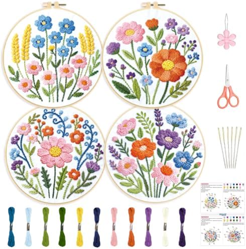 ORIGACH 4 Pack Easy Flower Embroidery Kit for Beginners by ORIGACH