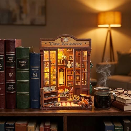 Book Nook Kit – DIY Miniature House 3D Puzzle with LED, Time Bookstore Dollhouse Kit for Adults & Teens, 259-Piece Library Model for Bookshelf Decor, Gifts for Family Friends - Image 3