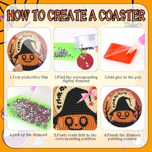 EWJRNSF 6 PCS Halloween 5D Diamond Painting Coasters Kit with Holder DIY - Image 3
