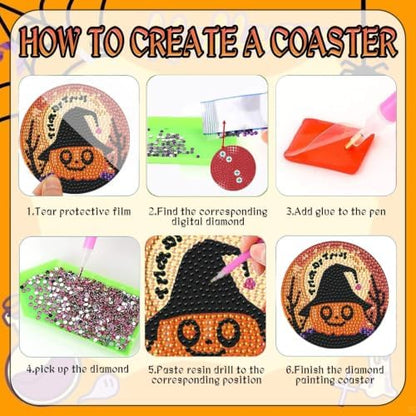 EWJRNSF 6 PCS Halloween 5D Diamond Painting Coasters Kit with Holder DIY - Image 3