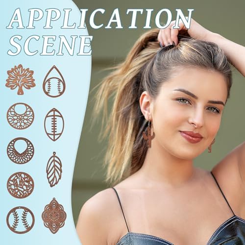 Elecrelive 12 Pairs Filigree Wood Dangle Earring Kits Leaf Teardrop Cactus Baseball Rugby Wooden Earring Pendants Saddle Brown with Ear Wires for Jewelry Craft Making - Image 4