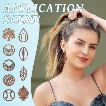 Elecrelive 12 Pairs Filigree Wood Dangle Earring Kits Leaf Teardrop Cactus Baseball Rugby Wooden Earring Pendants Saddle Brown with Ear Wires for Jewelry Craft Making - Image 4