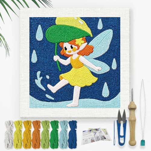 Doodlream Elf in the Summerrain Needle Kit for Beginner, 9.4"x 9.4" Cute Fairy Punch Stitching Craft Set, DIY Embroidery Starter with Printed Frame, Instruction, Threader, Yarn, Pinch Needle by Doodlream