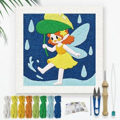 Doodlream Elf in the Summerrain Needle Kit for Beginner, 9.4"x 9.4" Cute Fairy Punch Stitching Craft Set, DIY Embroidery Starter with Printed Frame, Instruction, Threader, Yarn, Pinch Needle by Doodlream