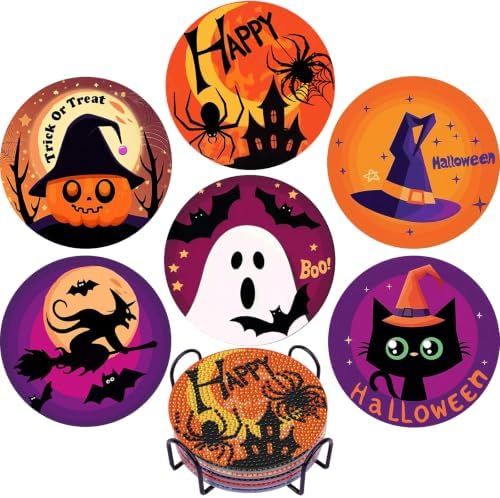 EWJRNSF 6 PCS Halloween 5D Diamond Painting Coasters Kit with Holder DIY by EWJRNSFDiamondPainting