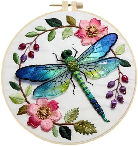 FRANDEK DIY Flower Dragonfly Stamped Embroidery Kit with Hoop for Adults by FRANDEK