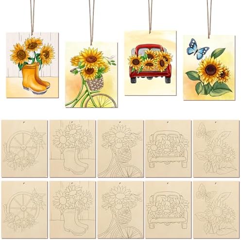 COCHIE 10 Pieces Large Sunflowers Unfinished Wood Crafts to Paint for Adults, Bulk Predrilled Wooden Ornaments for Painting, Summer Sunflower Paintable Wood Slices Craft Supplies with Ropes by COCHIE