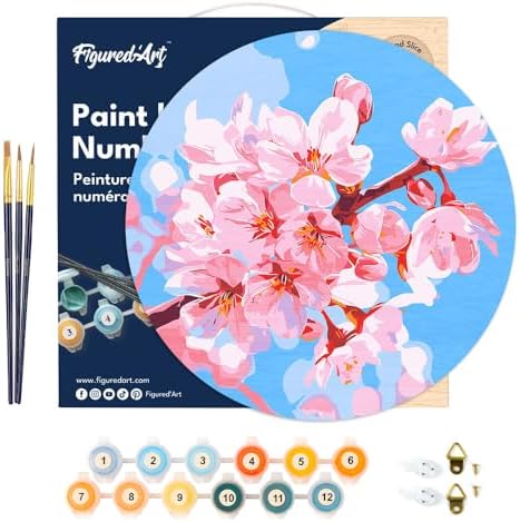 Figured'Art Paint by Numbers Kit for Adults on Wood Slice, 11.8in Diameter - Cherry Blossom - Craft Art Painting DIY Canvas - Image 7