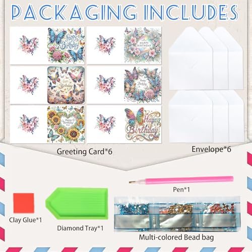 6 Pack Diamond Art Greeting Cards with Envelopes, DIY 5D Diamond Painting Birthday Card Kit with Butterflies and Flowers, 30x15cm Handmade Special Shaped Rhinestone Craft for Holiday and Birthday - Image 3