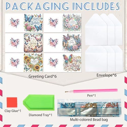 6 Pack Diamond Art Greeting Cards with Envelopes, DIY 5D Diamond Painting Birthday Card Kit with Butterflies and Flowers, 30x15cm Handmade Special Shaped Rhinestone Craft for Holiday and Birthday - Image 3