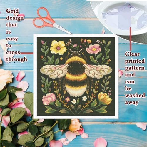 FREEBLOSS 11CT Stamped Cross Stitch Kit for Adults Beginners with Instructions Bees and Floral Pattern Cross Stitch Wall Hanging Kit Embroidery Wall Art Decoration No Frame 18x18in - Image 3