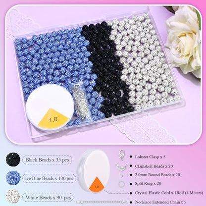 Dowarm 255PCS 10mm Rhinestone Beads for Baseball Rhinestone Necklace Bracelet Jewelry Making, Round Polymer Clay Beads for Crafts Beaded Pen, Shamballa Pave Diamond Bead, Ice Blue|White|Black - Image 2