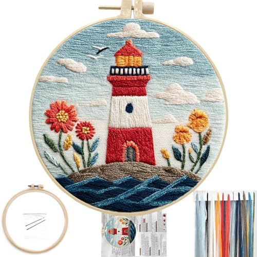 FONNUY Embroidery Kit for Beginners, Lighthouse Landscape Flowers Pre-Stamped Pattern Kits for Adults with Hoop, Easy to Follow Color Thread Needlework, 8'' Hoop (Blue) by FONNUY