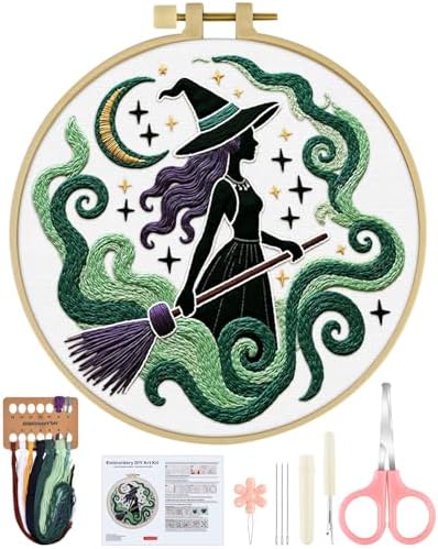 ERKOON Embroidery Kit for Beginners Adult, Cross Stitch Set Include Embroidery Cloth Hoops Threads for Craft Lover Hand Stitch with Embroidery Skill Techniques (Black Witch) by ERKOON