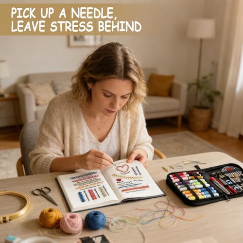 Embroidery Stitch Book Kit for Adults & DIY Craft Enthusiasts, Portable Embroidery Kit for Beginners, Includes Guide to 106 Patterns with Tools & Tutorials and 86-Piece Sewing Tool Set (1 Kit) - Image 6