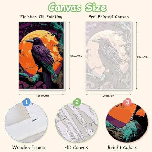 Spandrel Gothic Raven Paint by Number Kits for Adults, Halloween Paint by Number Kits on Canvas, DIY Acrylic Oil Full Moon Painting by Numbers Gitfs for Home Wall Decor, 8x12in - Image 2