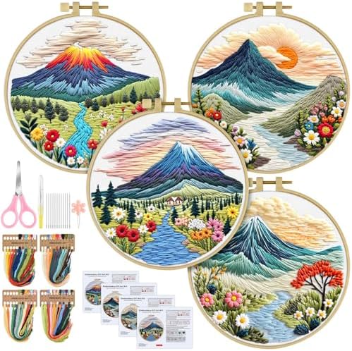 ERKOON 4 Set Embroidery Kit for Beginners, Cross Stitch Set Include Embroidery Cloth Hoops Threads for Craft Lover Hand Stitch with Embroidery Skill Techniques (Landscape) by ERKOON