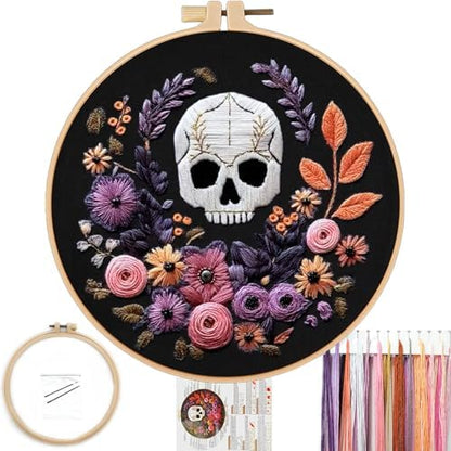 FONNUY Halloween Embroidery Kits for Beginners,Skull Pumpkin Spider Web Floral Stamped Cross Stitch Kit for Adults, Spooky Season Boho Wall Decor, 8'' Hoop (Skull 3) by FONNUY