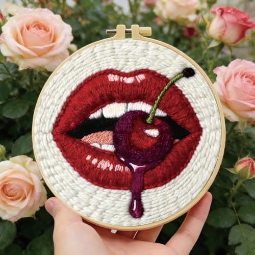 BEUNITONE Mouth and Cherry Punch Needle Kit for Adults Beginners, Complete DIY Craft Needlepoint Kits with Hoop, Punch Needle Starter Craft Embroidery Set for Festival Gift and Home Decor 20x20cm - Image 5