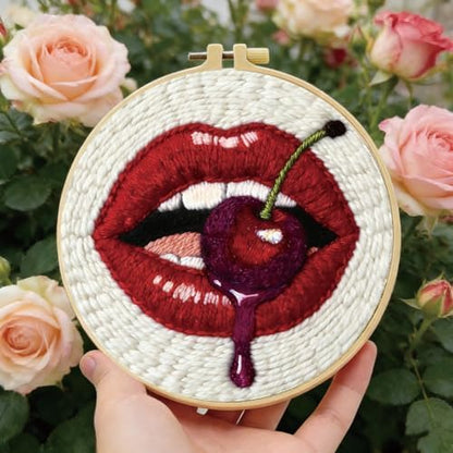 BEUNITONE Mouth and Cherry Punch Needle Kit for Adults Beginners, Complete DIY Craft Needlepoint Kits with Hoop, Punch Needle Starter Craft Embroidery Set for Festival Gift and Home Decor 20x20cm - Image 5