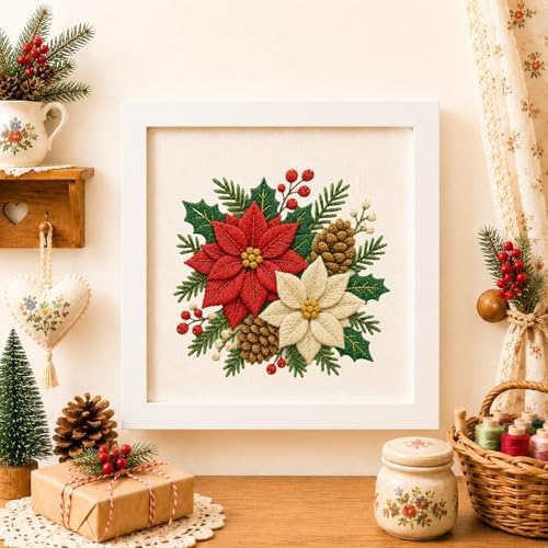 DIYDeligths Christmas Embroidery Kit for Beginners Adults Pre Printed Pattern Hand Needlepoint Craft DIY Art Set with 7.87in Hoop Needle Threads Instructions (Poinsettia) - Image 5