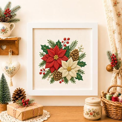 DIYDeligths Christmas Embroidery Kit for Beginners Adults Pre Printed Pattern Hand Needlepoint Craft DIY Art Set with 7.87in Hoop Needle Threads Instructions (Poinsettia) - Image 5