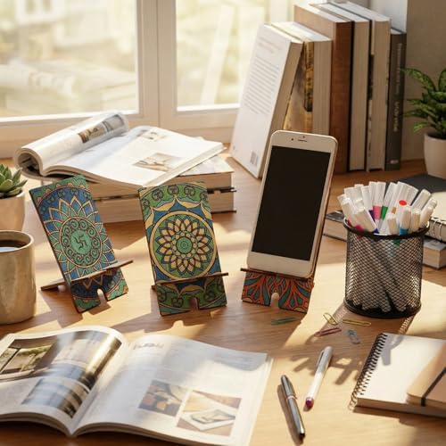 Kenning 12 Pcs Mandala Crafts Color Your Own Phone Holder DIY Mandala Cell Phone Stands Paint Your Own Unfinished Wooden Cellphone Holder to Paint with 24 Color Pens for Adults Handmade Project Gifts - Image 5