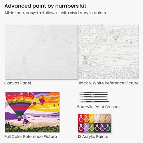 Arteza Paint by Number for Adults, 12x16 Inches, 21 Pieces, Hot-Air Balloon Paint by Numbers Kit, Comes with 1 Canvas Panel, 12 Acrylic Paint Pots, 5 Paintbrushes, Art Supplies for Home & Office Decor - Image 3