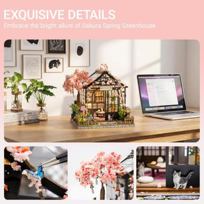 DIY Miniature House Kit, Fairy Dollhouse for Adults to Build, Mini Home Building Kit with Wooden Furniture & LED Lights,Garden Detials, Gift for Family and Friends (Spring Sakura Greenhouse) - Image 4