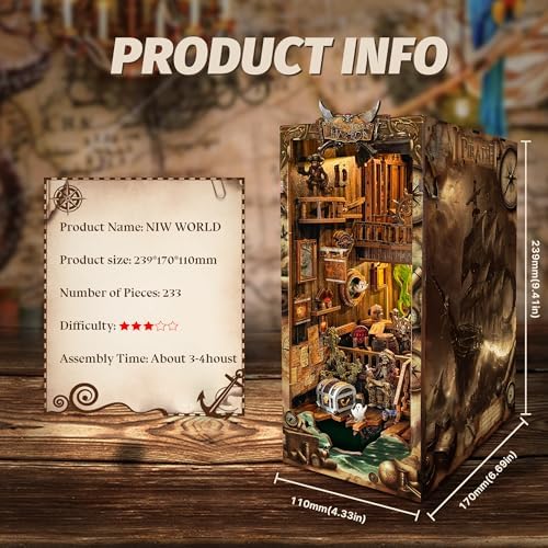 Magic Book Nook Kit 3D Wooden Puzzle for Adults Decorative Bookend Stand Book Nook Bookshelf Insert Bookcase Toy for Teenagers Gift Model Kits - New World (SQ-36) - Image 3