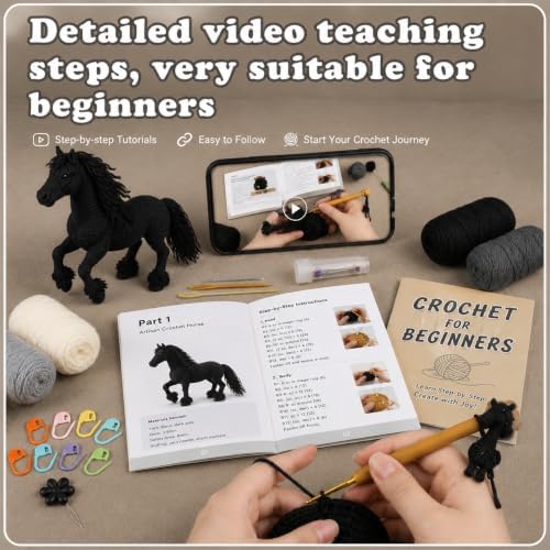 Black Friesian Horse Amigurumi Crochet Kit for Beginners, Complete DIY Craft Supplies with Instructions, Galloping Long Mane Animal Crochet Starter Kit, Handmade Decor Gift for Horse Lovers - Image 2