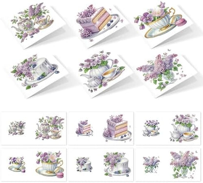 6pcs Diamond Painting Greeting Card with envelopes, DIY Afternoon Tea with Lavender Diamond Art Greeting Card for Blessing and Wish Special Shaped Arts Crafts for Christmas Birthday Thanksgiving Day by MVVMTOP