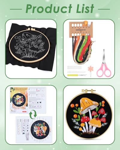ERKOON Embroidery Kit for Beginners, Flower Cross Stitch Set for Include Embroidery Cloth Hoops Threads for Craft Lover Hand Stitch with Embroidery Skill Techniques (Mushroom) - Image 2
