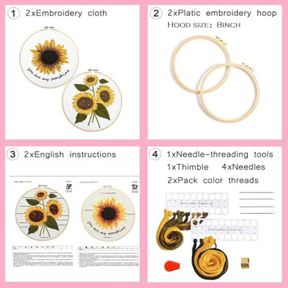 Sunflower Embroidery Kits for Beginners Adults, Floral Hand Embroidery Set Needlepoint Kits, Stamped Cross Stitch Kits for Beginners Adults, 2 Embroidery Hoops, Fabric, Thread(Attached Video Tutorial) - Image 6