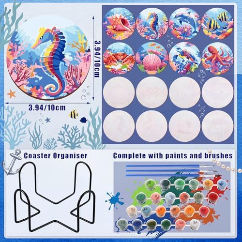 Reallnaive 8 Pcs Ocean Paint by Numbers Kit for Adults Wood Coastal Coaster - Image 3