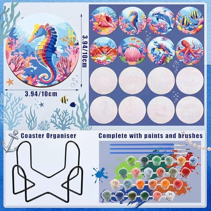 Reallnaive 8 Pcs Ocean Paint by Numbers Kit for Adults Wood Coastal Coaster - Image 3