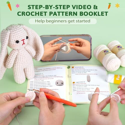 Crochetta Crochet Kit for Beginners, Crochet Starter Kit w Step-by-Step Video Tutorials, Beginner Crochet Kit Knitting Supplies for Adults, Crochet Bunny(40%+ Yarn) - Image 3