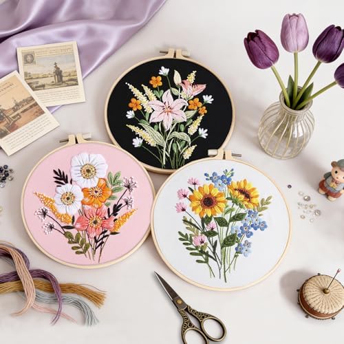 Uniartfy 3 Sets Embroidery Kit for Adults, Flower Pattern Embroidery Practice Kits for Beginners, Needlepoint Cross Stitch Kits Include Hoop, Colorful Threads, Tools, Easy to Learn Video & Instruction - Image 5