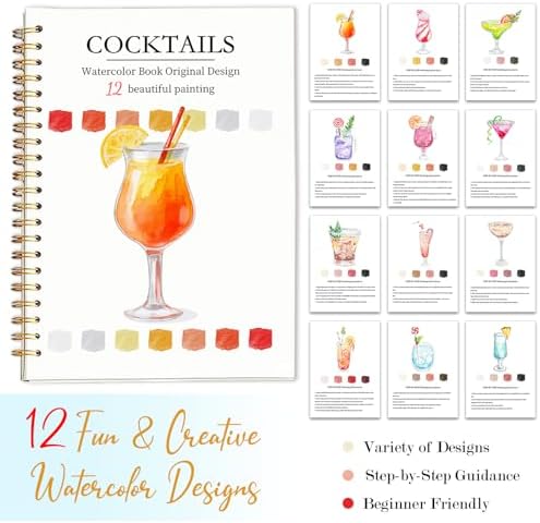 Easy Watercolor Workbook for Beginners - 12 Beautiful Step-by-Step Paintings Water Coloring Book, Includes 16 Colors Paints, Relaxing Art Projects and Creative Gift for Adults & Teen (Cocktails) - Image 7