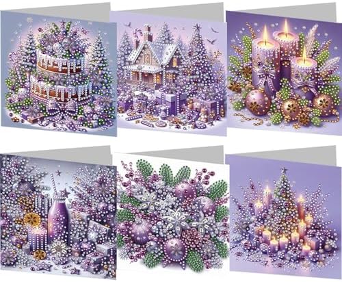 jinglinhh 6pcs Diamond Art Painting Purple Christmas House Candle Ornaments Greeting Cards with Envelopes, DIY Card Making Kits for Adults, Diamond Art Postcards Christmas Cards Craft Gifts by Unknown