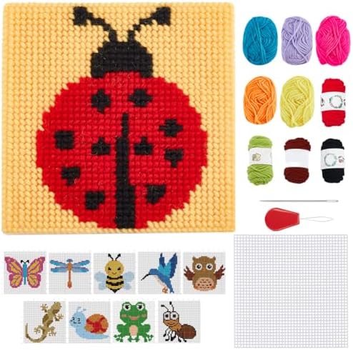 FREEBLOSS 10 Set Plastic Canvas Cross Stitch Kits with 11 Colors Yarn Insect Theme Plastic Canvas Kit with Instruction of 10 Different Patterns Mesh Sheet Coasters for Beginners by FreeandCreativeCraftsArt