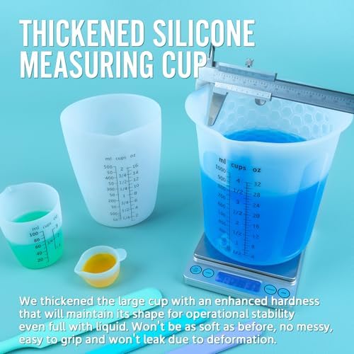 Silicone Resin Mixing 1L Measuring Cup Set for Resin Supplies, Easy-to-Read Marks, 1000ml/32oz Large Cup, 500&250&100ml Thickened Reusable Silicone Cups for Epoxy Mixing, Jewelry Making - Image 5