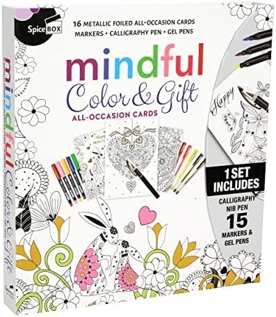 SpiceBox Mindful Adult Coloring DIY Greeting Cards Set, Card Making Kits for Holiday Christmas, Valentine’s Day, Mother’s Day, Thank You, with Markers, Gel Pens, and Calligraphy Pen, Hobby Kits by SpiceBox