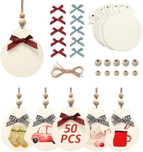 50PCS 4" Blank Wooden Ornaments for Crafts with Plaid Bows and Beads by OurWarm