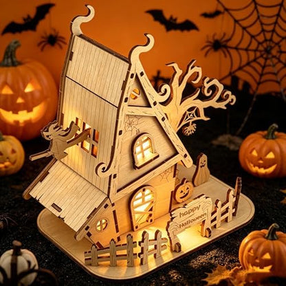 Halloween Witch House 3D Wooden Puzzle Kit - DIY Haunted House Building Model for Adults, Spooky Halloween Decorations, Fun Craft Gift for Teens - Image 2
