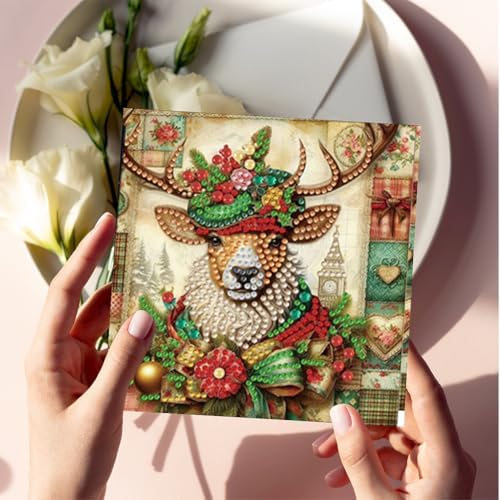 jinglinhh 6pcs Christmas Elk Aurora Diamond Art Painting Greeting Cards with Envelopes, DIY Card Making Kits for Adults, Diamond Art Postcards Christmas Cards Craft Gifts - Image 7