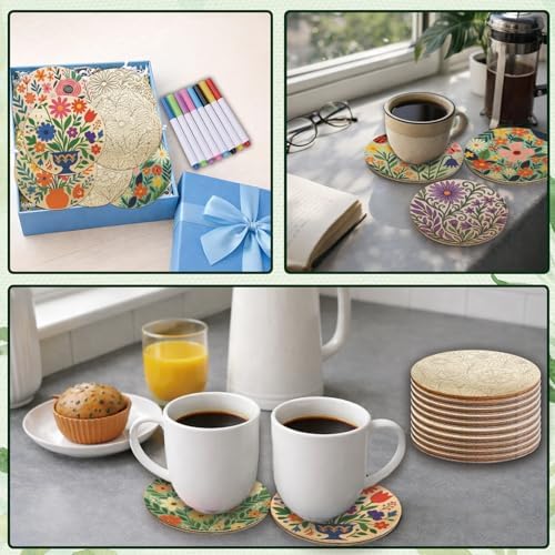 26PCS Wood Coasters Craft Kit 10 Paint You Own Coaster with 16 Markers Wooden Coasters Painting Set for Adults and Beginners DIY Coaster Kit Flower Painting Crafts Art Supplies(Flower) - Image 7