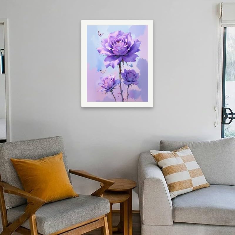 Botanical Paint by Numbers Kit for Adults - DIY Purple Rose Flowers with Butterflies Painting Rolled on Canvas 16x20 Inches, Acrylic Paint Set for Beginners, Art for Home Decoration or Gifts - Image 5